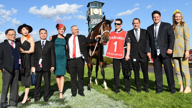 Trainer Chris Waller (third right) with The Autumn Sun and connections after Saturday’s Caulfield Guineas victory. Picture: Getty Images