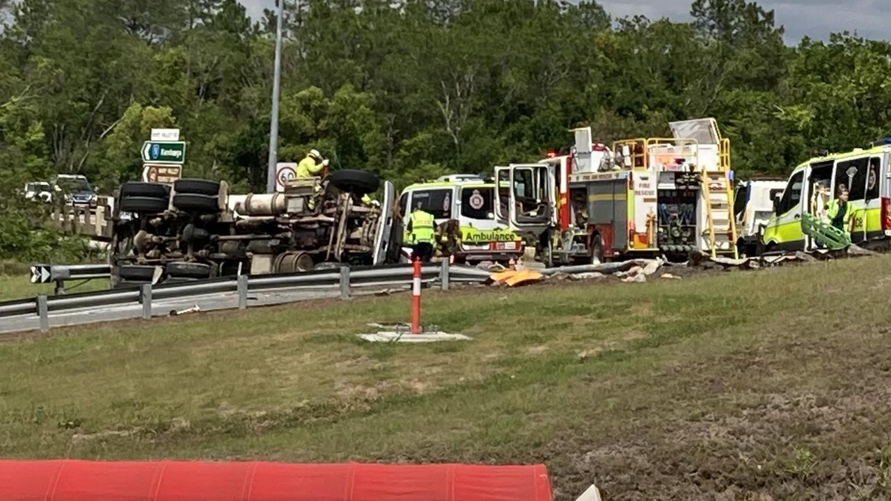 The driver of a cement truck was trapped when it rolled on the Bruce Highway near Normanby Bridge in Gympie on September 29, 2023.