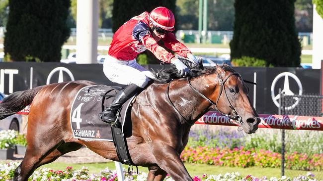 Jamie Mott rides Schwarz to a strong win in the Group 1 William Reid Stakes at The Valley. Picture: Racing Photos via Getty Images