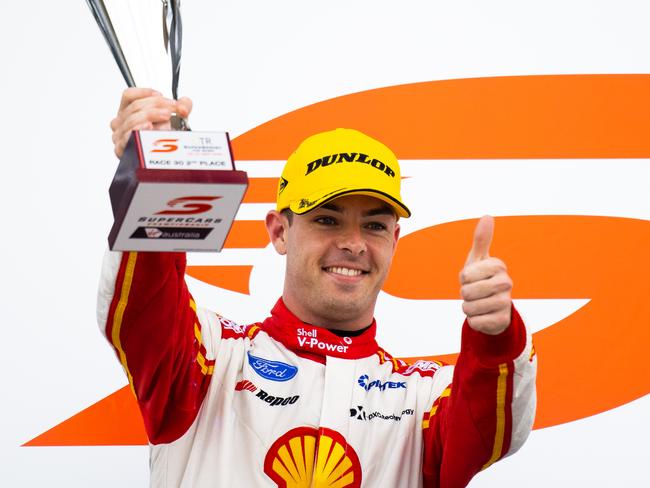 TAILEM BEND, AUSTRALIA - SEPTEMBER 26: (EDITORS NOTE: A polarizing filter was used for this image.) Scott McLaughlin driver of the #17 Shell V-Power Racing Team Ford Mustang celebrates during race 3 of The Bend Supersprint round of the 2020 Supercars Championship at The Bend Motorsport Park on September 26, 2020 in Tailem Bend, Australia. (Photo by Daniel Kalisz/Getty Images)