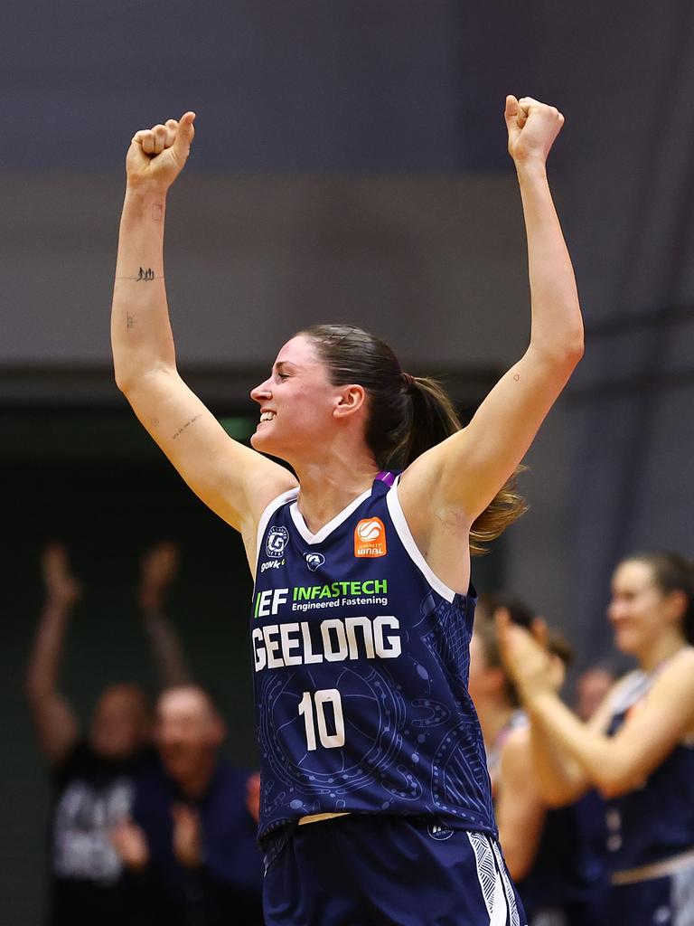 Geelong guard Gemma Potter celebrates United’s first victory in the WNBL. Picture: Graham Denholm/Getty Images