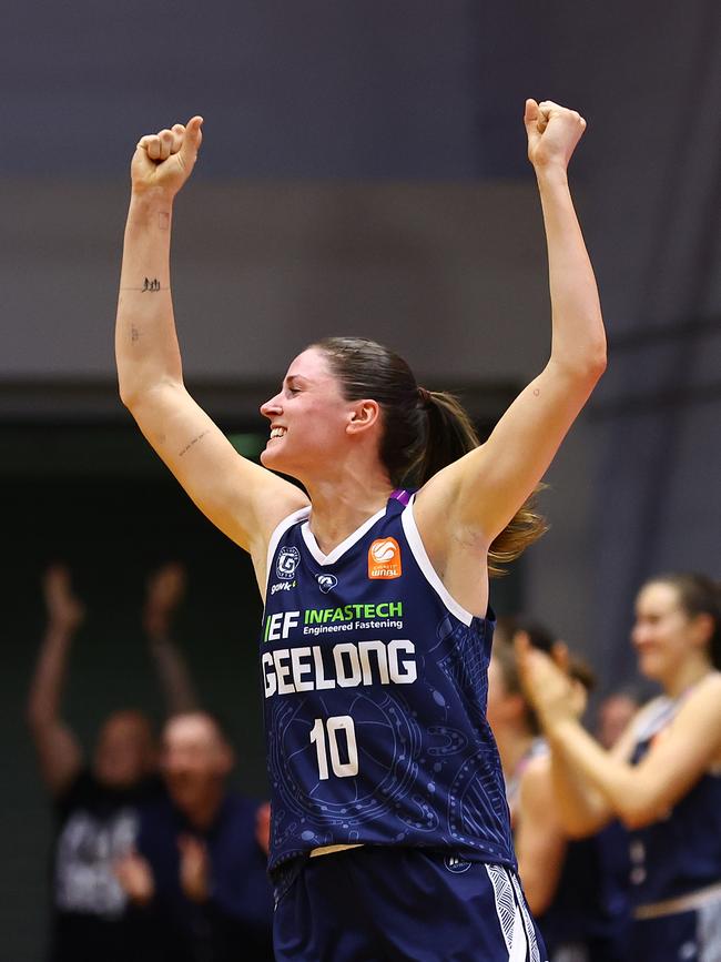 Geelong guard Gemma Potter celebrates United’s first victory in the WNBL. Picture: Graham Denholm/Getty Images