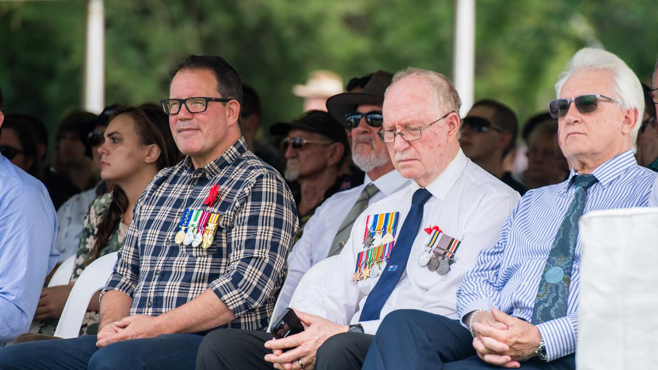 Luke Gosling, Peter Styles and Kon Vatskalis at the Darwin Cenotaph's Remembrance Day service, 2023. Picture: Pema Tamang Pakhrin