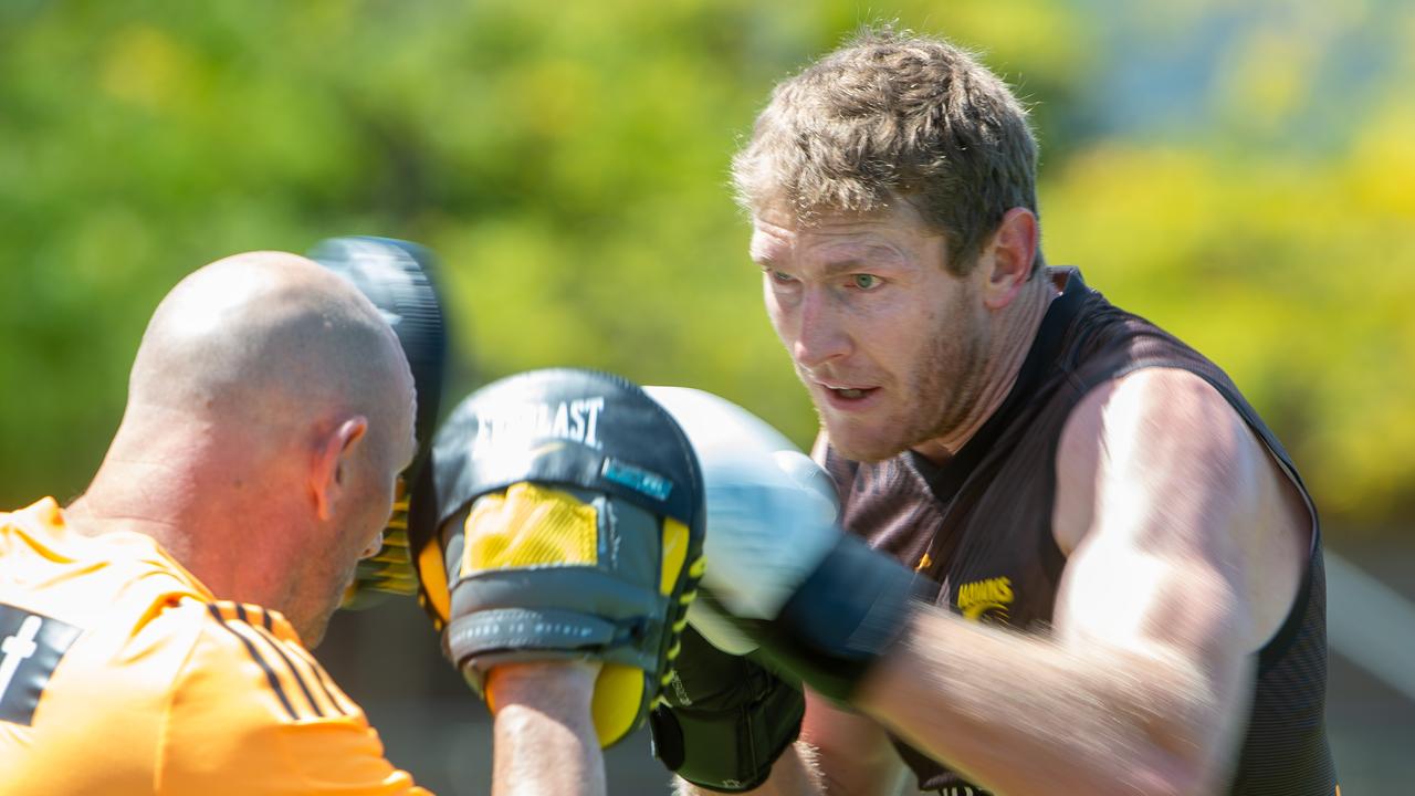 Hawthorn captain Ben McEvoy takes part in a boxing session. Coach Alastair Clarkson says boxing is part of the Hawks’ weekly program. Picture: Jay Town