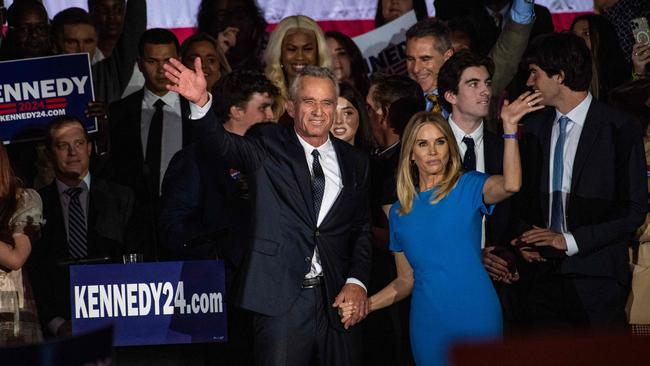 Robert F Kennedy Jr, with wife Cheryl Hines, launches his presidential bid at the Boston Park Plaza on Wednesday. Picture: AFP