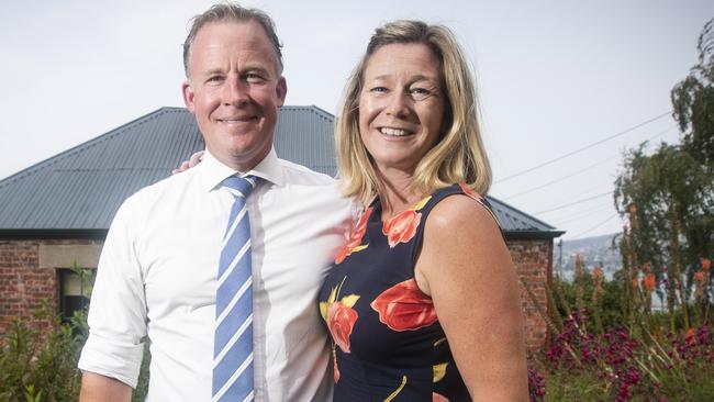 Will Hodgman with his wife, Nicky after his resignation as Tasmanian Premier. Picture: Luke Bowden