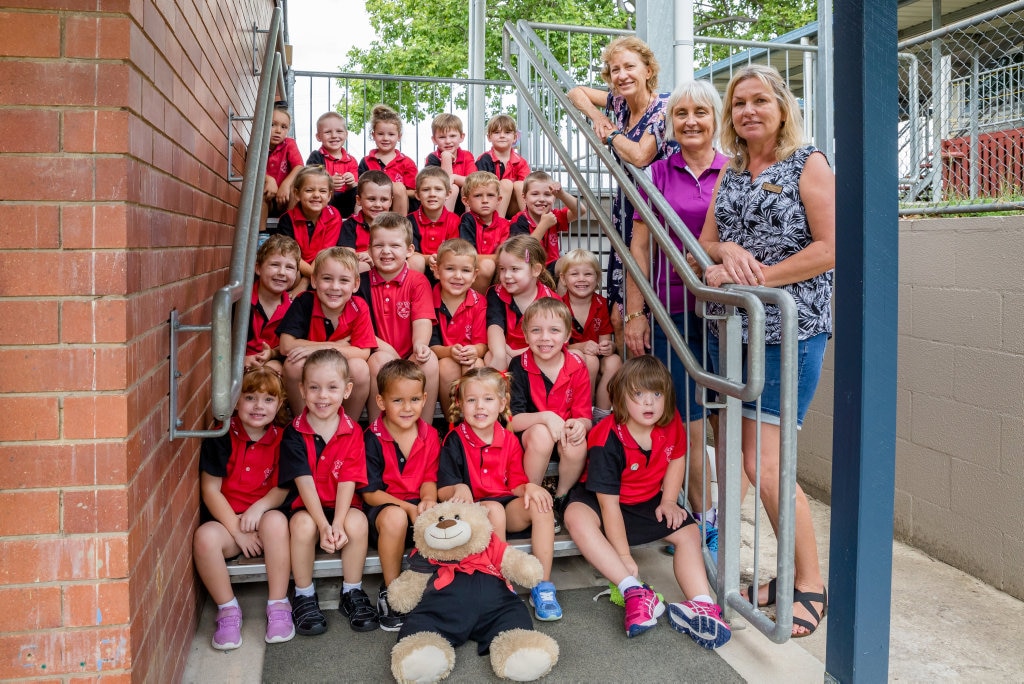 Gympie West Prep Prep K: (Back from left) Kaleigha Vick, Cameron Harrison, Athena Canavan, Linkin Dickenson, Alana Hartwig(3rd row) Madison Adams, Conner Daetz, Hayden Vidler, Miller Pearce, Jeremy Headley, (2nd row) Sebastian Alfrey, Jett Klein, Elijah Buckle, Davis Mahoney, Giaan Jeal, Shyanne Whittaker(front) Isla Snell, Charli Maddocks, Declan Reid, Emily Turner, Hunter Stanley, Maddee Sempowicz, (absent) Soraya Brady, Bailey Robertson, teacher Mrs Karen Crooks, teacher aide Mrs Caroline Henwood, teacher aide Mrs Sue Frampton. Picture: LEEROY TODD