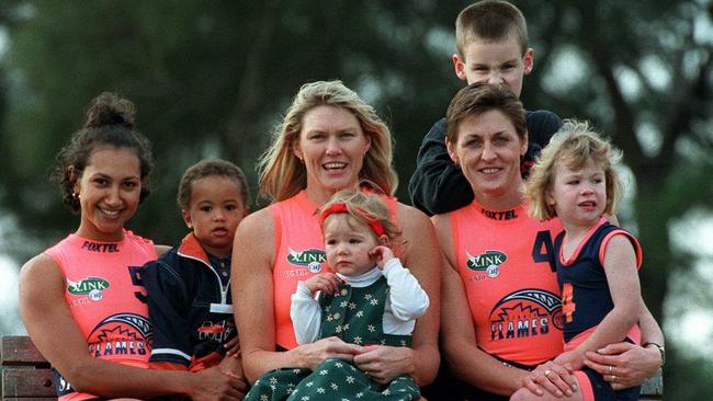 Former Sydney Flames players with their children (L-R) Annie La Fleur &amp; Adrian (20 months), Gail Henderson and Alex (22 months) and Robyn Maher with Jake (7) &amp; Stevie (4).   /