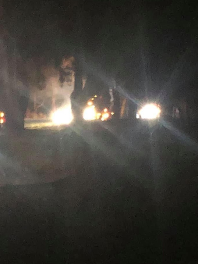 Bullock Creek resident Jeanette Mamouney said she heard multiple explosions after a livestock trailer carrying more than 500 sheep caught fire on the Calder Alternative Highway, near Marong, at 7.30pm Wednesday May 26. Picture: Jeanette Mamouney