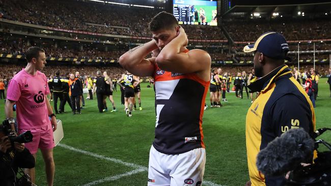 A dejected Patton after GWS lost the preliminary final to Richmond at the MCG. Picture. Picture: Phil Hillyard