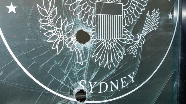 Damage to the US consulate in North Sydney. Picture: Daily Telegraph / Brendan Read