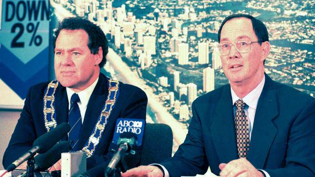 (L-R) Mayor Ray Stevens and finance chairman Alan Rickard launch Gold Coast City Council Budget. 8/7/96.