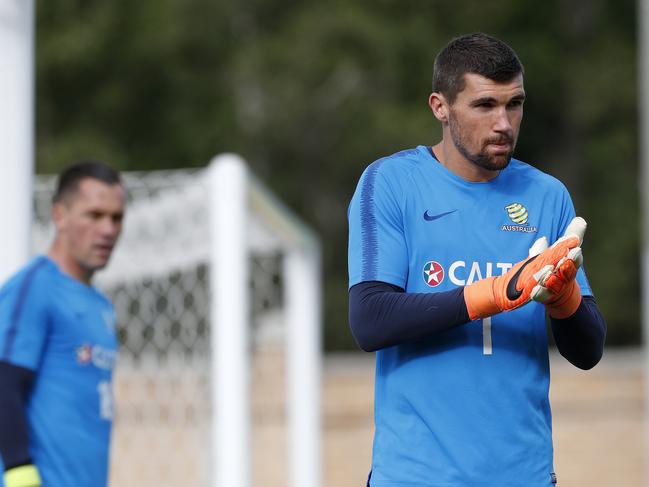 Socceroos train for the first time since arriving in Kazan, their base in Russia for the 2018 World Cup. The session was an open fan day with approx. 1000 fans attending. Goal keepers Mat Ryan (R) and Danny Vukovic. Picture: Toby Zerna