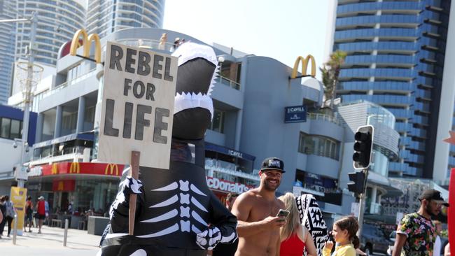 The Extinction Rebellion protest was held at Surfers Paradise on Saturday. Picture: Nigel Hallett