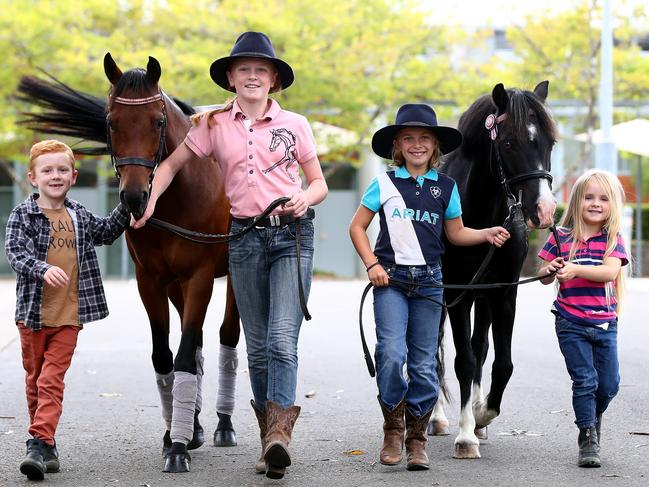 Liam Cape 7, Aurora Cape 12, Skye McKewin 9 and Emalee Cape 4 with their horses ready for the show. Picture: Toby Zerna