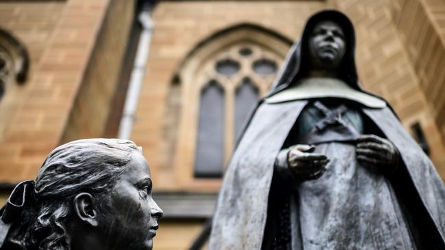 St Mary's Cathedral statue, Rain tears on Saint Mary of the Cross, Sydney.