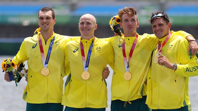 Gold medallists Alexander Purnell, Spencer Turrin, Jack Hargreaves and Alexander Hill after the men’s four final.