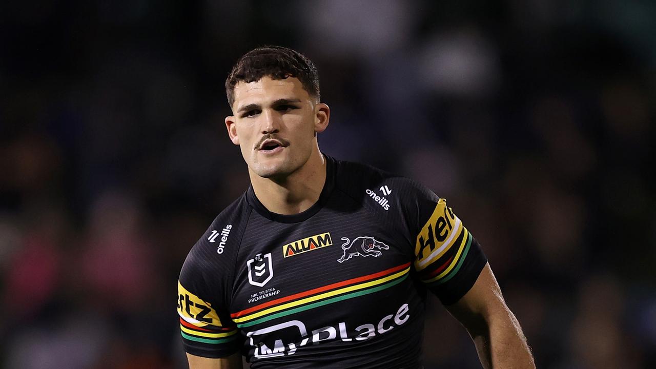 PENRITH, AUSTRALIA - MAY 10: Nathan Cleary of the Panthers warms up before the round 10 NRL match between Penrith Panthers and Canterbury Bulldogs at BlueBet Stadium on May 10, 2024, in Penrith, Australia. (Photo by Jason McCawley/Getty Images)