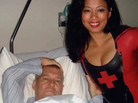 Jimmy Barnes with his wife Jane in her sexy latex nurse’s uniform. Picture: Facebook.