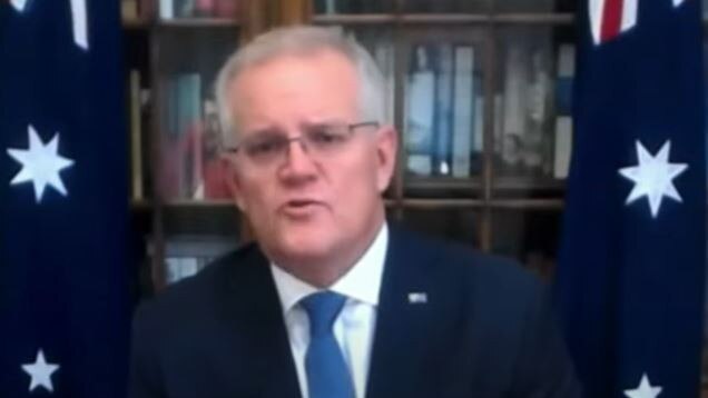 Screen grabs of Prime Minister Scott Morrison at his address at the Lowy Institute on the situation in Ukraine. SOURCE:YouTube/Lowy Institute