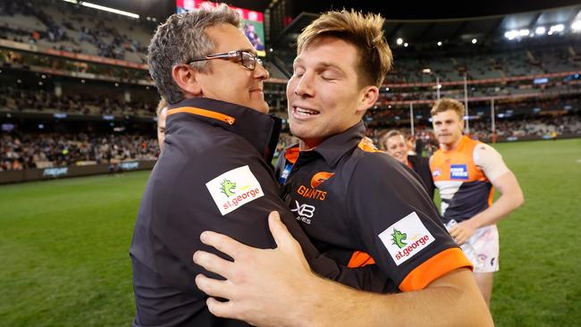 Leon Cameron and Toby Greene embrace after the club’s finals win against Collingwood. Picture: Getty Images