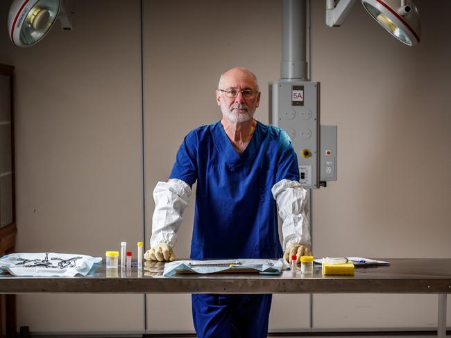 Pathologist Roger Byard in the Ray Last Laboratories on September 17, 2021. SA Weekend profile to go with new podcast series Guardians of the Dead. Picture Matt Turner.