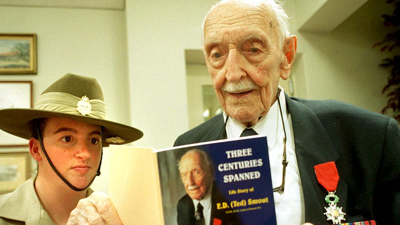 World War I veteran Ted Smout with Private Lisa Roberts at launch of his book Three Centuries Spanned in 2001. Picture: Supplied