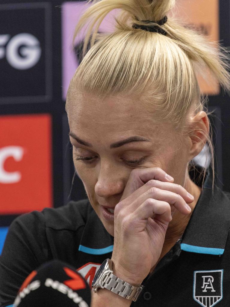 An emotional Phillips announced her retirement from the AFLW. Picture: Kelly Barnes