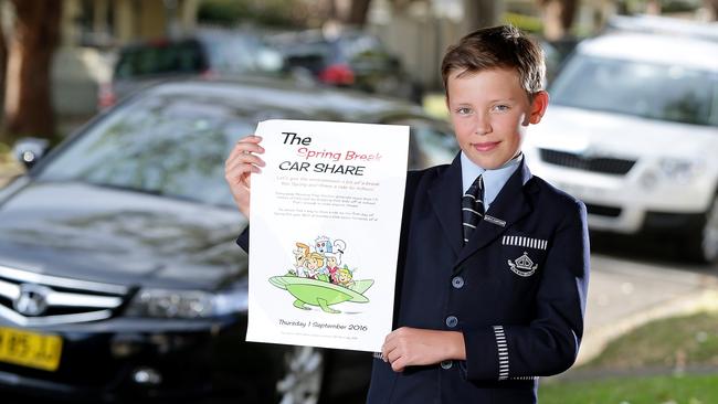 Mosman Prep Year 6 student Will Rumsby, 11, promotes his "Spring Break" car pool idea. Picture: Troy Snook