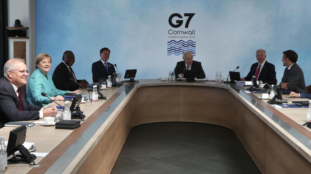 Scott Morrison, along with other guest nations, finally made it around the big table at the G7, several days after the other nations. Picture: Adam Taylor/PMO