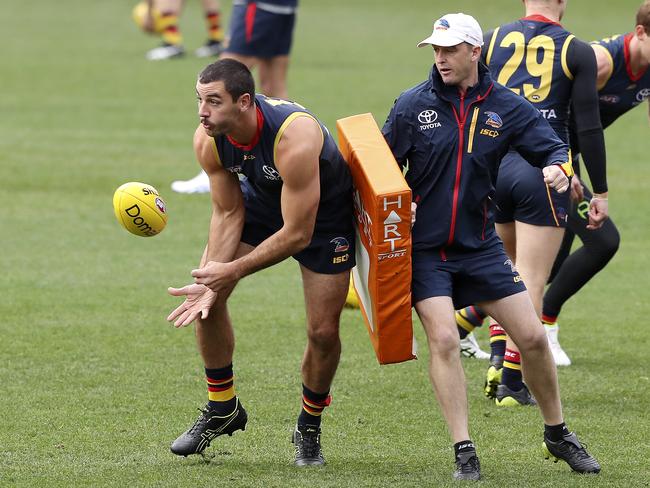 Taylor Walker and Heath Younie at training for the Crows at Adelaide Oval. Picture: Sarah Reed