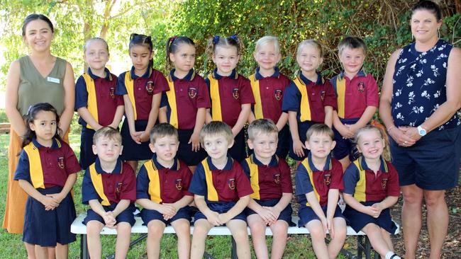 MY FIRST YEAR: Goomeri State School Preps. Front: Caitlyn, Kane, Chase, Jason, Heath, Fletcher, Lila. Back: Miss Pollard, Ivy, Jessica, Savannah, Charlie, Aeliyah, Amelia, Nathan, Miss Jen. Absent: Jasmine, Frank.