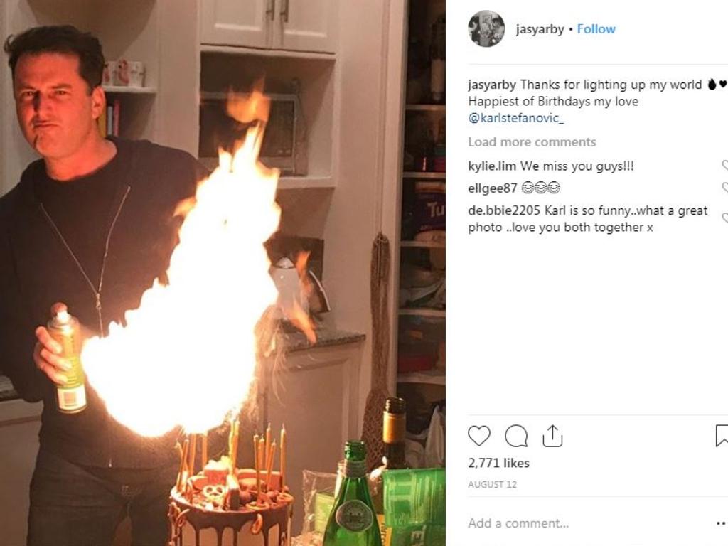 Jasmine posts birthday cake photo of fiancee Karl with the words ‘thanks for lighting up my world’.