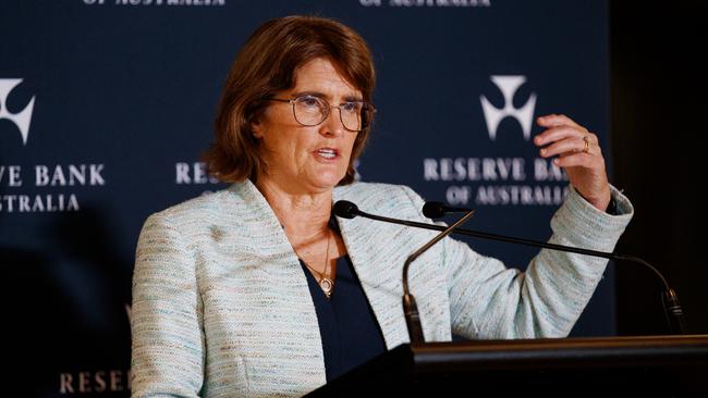 Reserve Bank Governor Michele Bullock during a press conference following the announcement that interest rates would stay on hold. Picture: Nikki Short