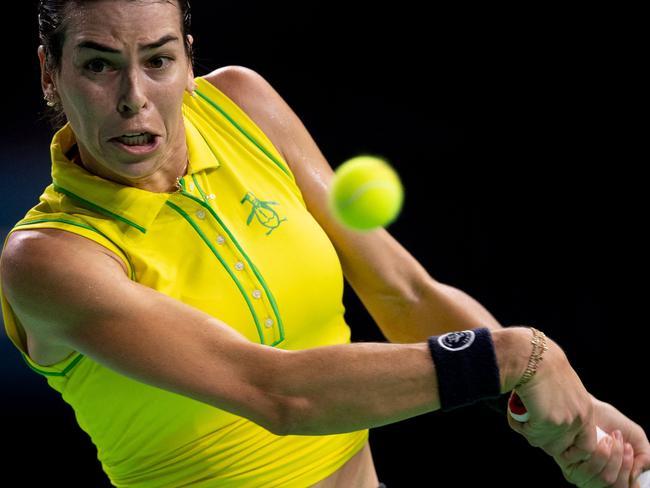 Australia's Ajla Tomljanovic returns the ball against Slovakia's Rebecca Sramkova during their quarter-finals singles tennis match between Australia and Slovakia at the Billie Jean King Cup Finals at the Palacio de Deportes Jose Maria Martin Carpena in Malaga, southern Spain, on November 17, 2024. (Photo by JORGE GUERRERO / AFP)