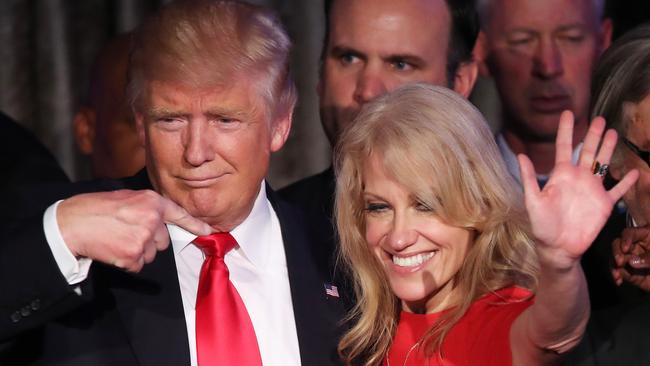 President-elect Donald Trump and his campaign manager Kellyanne Conway acknowledge the crowd during his election night event at the New York Hilton Midtown in NYC, on November 9, 2016, after Trump defeated Democratic presidential nominee Hillary Clinton to become the 45th president of the United States. Picture: AFP