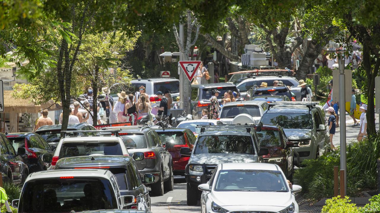 Holiday traffic jam on Hastings street in Noosa as crowds pack in to the popular tourist town. Photo Lachie Millard