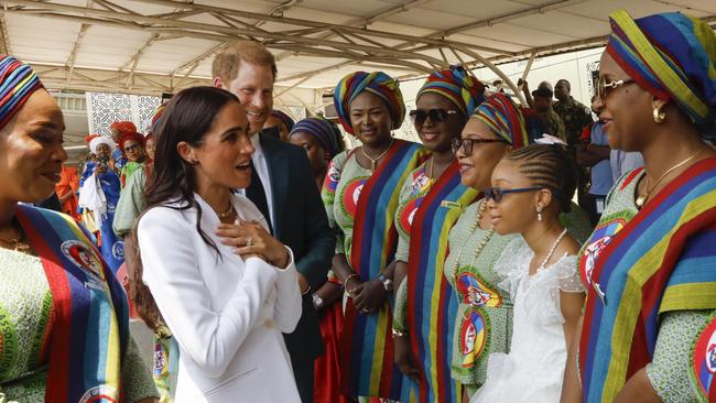 Prince Harry, Duke of Sussex and Meghan, Duchess of Sussex meet with the Chief of Defence Staff of Nigeria at the Defence Headquarters in Abuja, Nigeria. Picture: Andrew Esiebo/Getty Images for The Archewell Foundation.