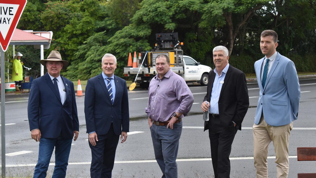 (L) Fraser Coast Regional Councillor Denis Chapman, Australian Deputy PM Michael McCormack, MP for Wide Bay Llew O'Brien, Councillor Phil Truscott and Councillor Paul Truscott following the announcement about the Tiaro Bypass. Photo: Stuart Fast