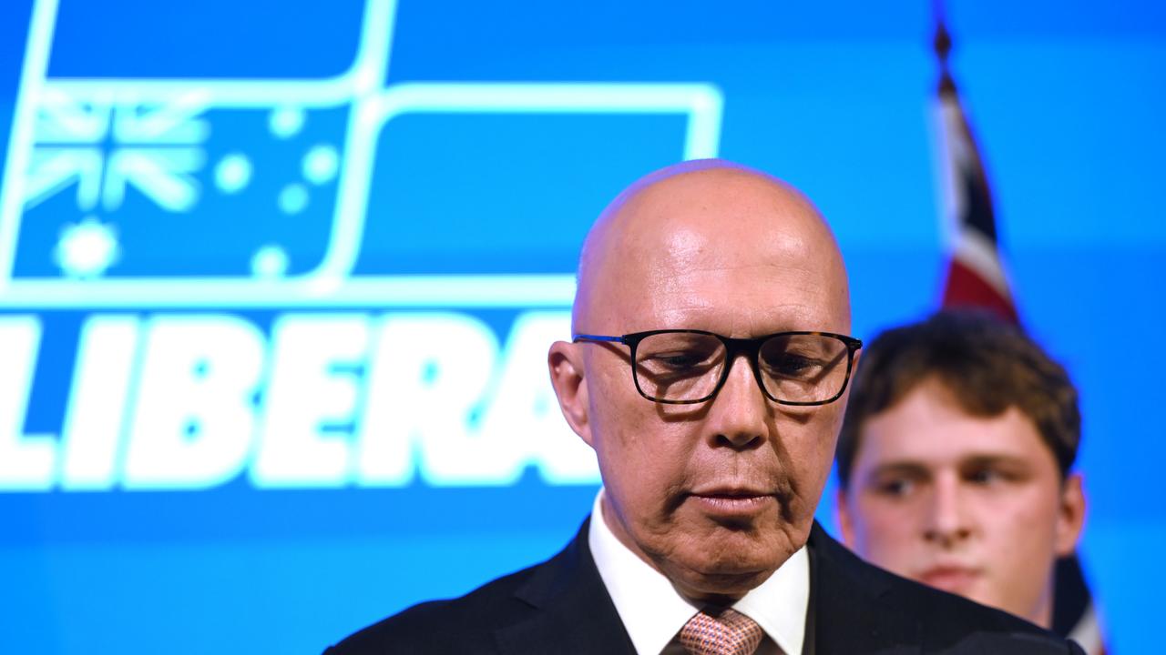 Opposition Leader Peter Dutton concedes defeat on Saturday night. Picture: Dan Peled/Getty Images