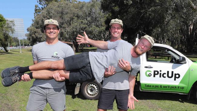 Gold Coast mates, Levi Corby, Chris Hodgetts and Daniel Hodgetts have launched PicUp, an app that connects people needing junk removed or furniture moved with ute and van drivers. Picture: Glenn Hampson