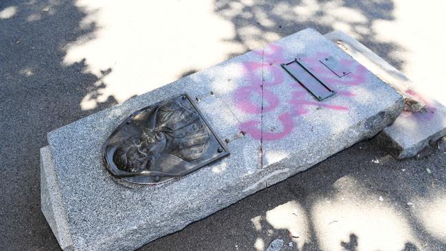 The Captain Cook memorial at Edinburgh Gardens was spray-painted and knocked over on Sunday morning. Picture: Josie Hayden