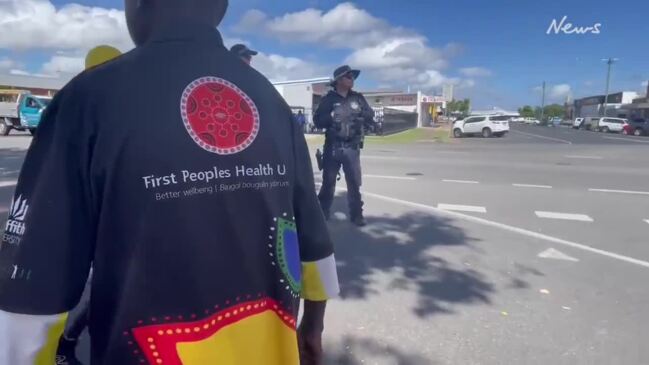 Protesters outside Mareeba police station after the shooting death of Aubrey Donahue