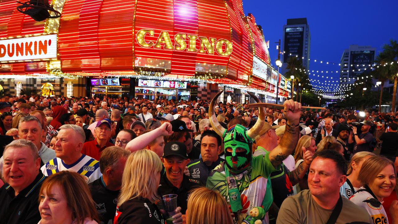 Excited fans at the NRL Fan Event held at Fremont Street Experience in Downtown Las Vegas. Picture: Jonathan Ng