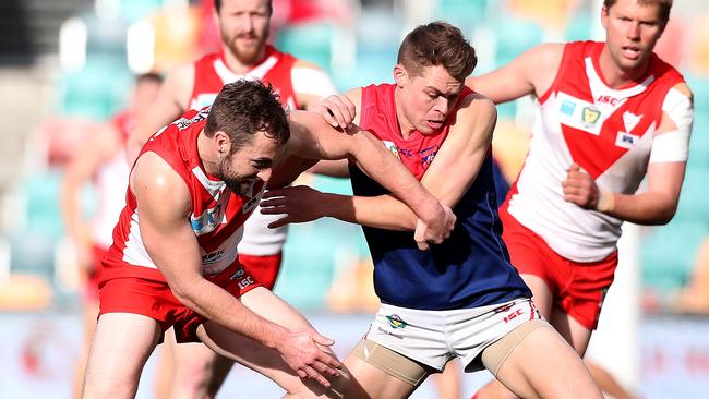 Football. Tasmanian State League (TSL). Tim Castle Clarence and Sean Willis North Hobart. Clarence V North Hobart. Picture: NIKKI DAVIS-JONES