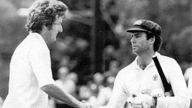 Bob Willis congratulates Greg Chappell on his century in 1982.