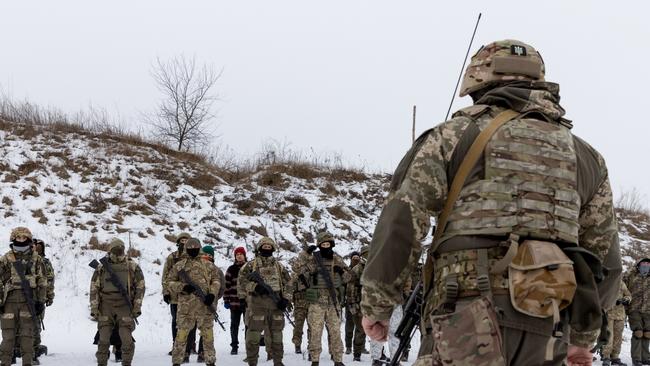 Civilians participate in a Territorial Defence unit training session on February 5 in Obukhiv, Ukraine. Picture: Chris McGrath/Getty Images