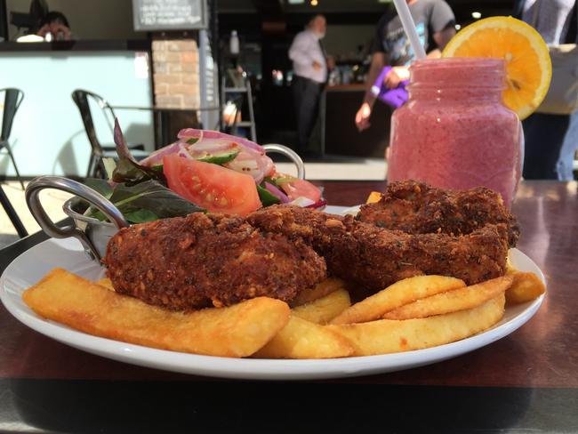 Khafe Co Johnny’s Peanut Crumbed Chicken Breast Strips. Picture: Jenifer Jagielski