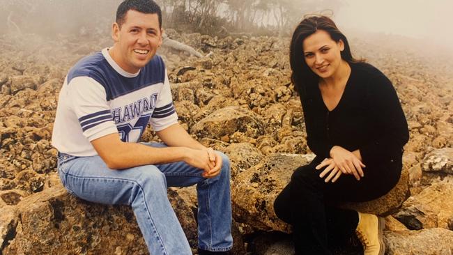 Mangiarelli with her now husband Andrew, in 1999. The couple met when they were both working for regional TV in Port Pirie, he was a camera operator and she a journalist. Picture: supplied