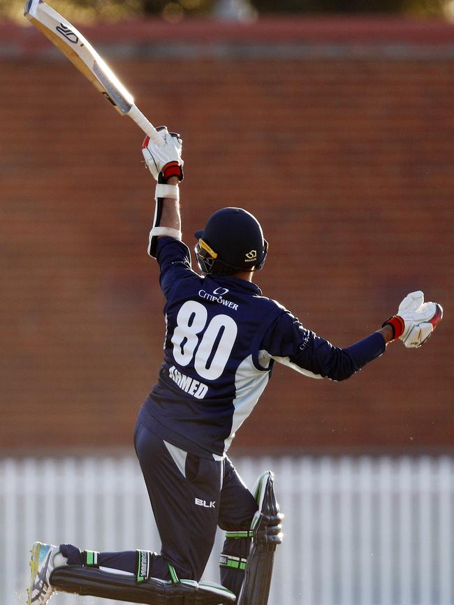 Fawad Ahmed of Victoria plays an unorthodox shot in the JLT Cup loss to South Australia at the Junction Oval. Picture: AAP Image/Daniel Pockett